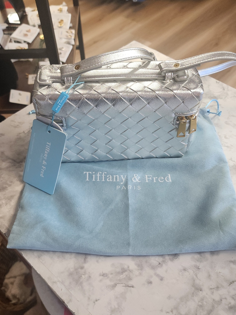 Tiffany & Fred Silver Woven Leather Shoulder Bag